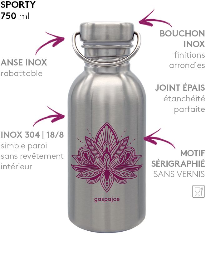 Gourde inox SPORTY 750 ml inox Lotus Prune - Bio-Attitude Nouvelle