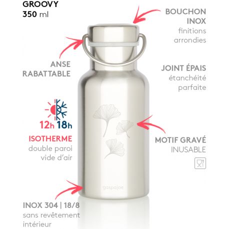 Gourde Groovy isotherme au bouchon tout inox - Gingko 350 ml